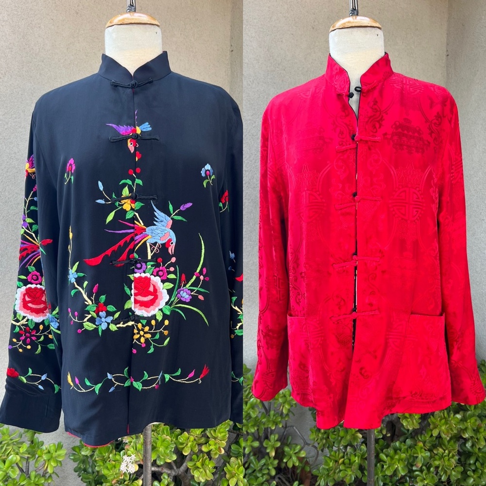 Boho reversible Asian silk mandarin jacket bird embroidery Sz Medium Pockets